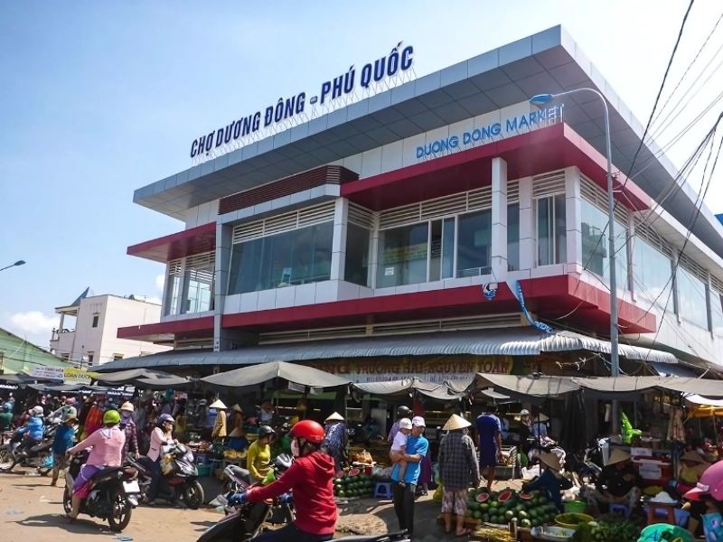 Early morning hustle at Duong Dong Market with seafood, herbs, and local chatter