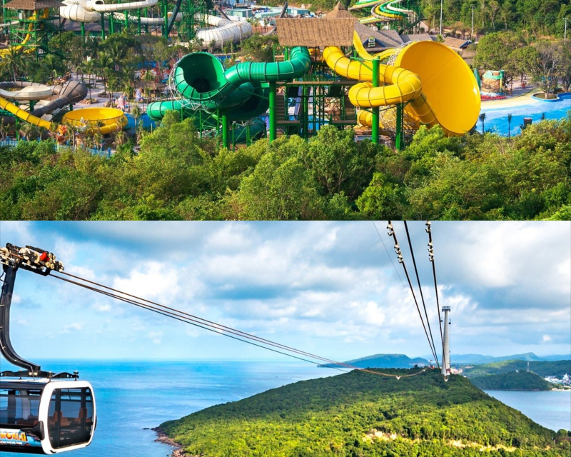 Tourists ride the world's longest cable car and dive into Aquatopia Water Park for the ultimate Hon Thom Island experience in Phu Quoc while staying at the luxury Corona Casino Phu Quoc resort