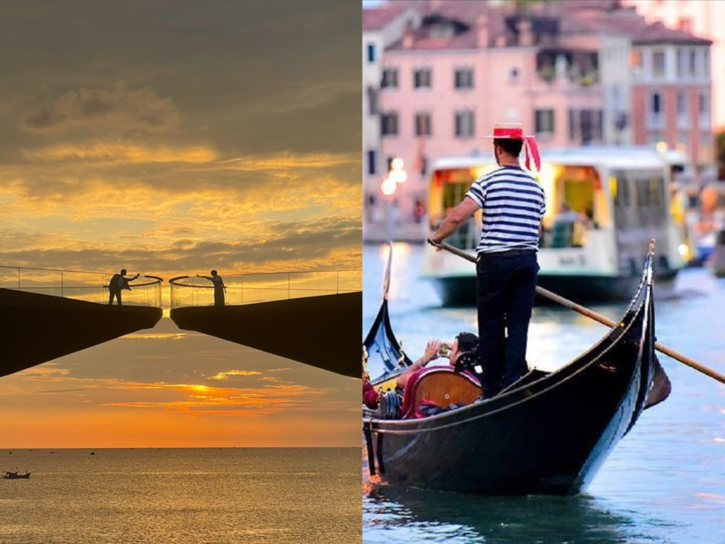 A romantic view of the Sunset Town Kiss Bridge Gondola Rides and Outdoor Shows for tourists staying at the luxury Corona Casino Phu Quoc resort