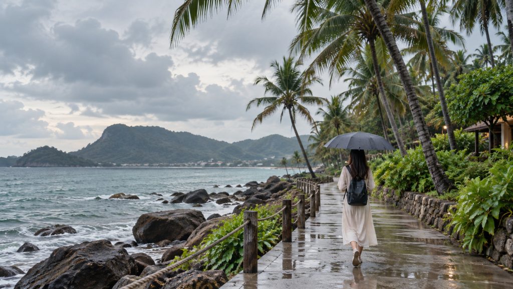 Traveller with umbrella walking past palm trees in Phu Quoc on a cloudy September day
