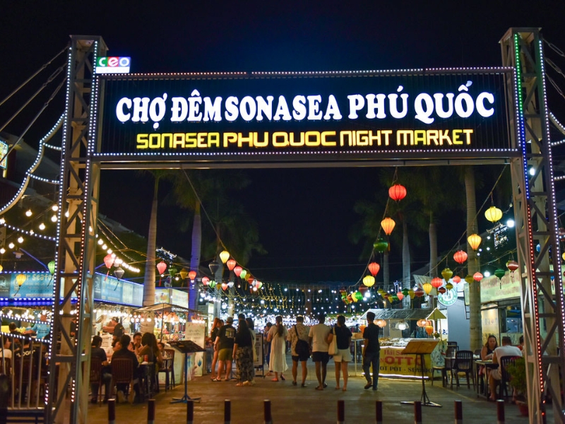 Colorful stalls and lively beach bars light up the Phu Quoc night close to Corona Casino Phu Quoc