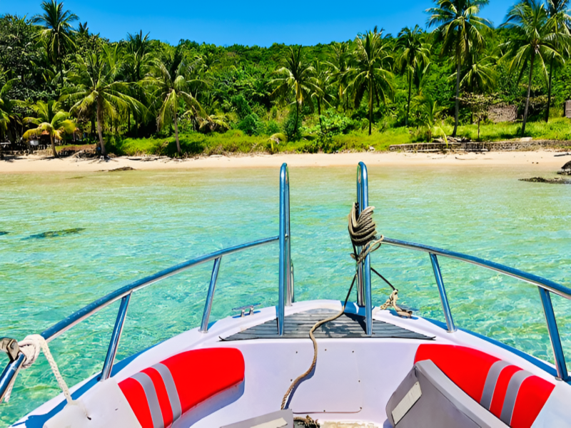 Scenic small boat tours across the calm waters of Vung Bau Beach around Corona Casino Phu Quoc