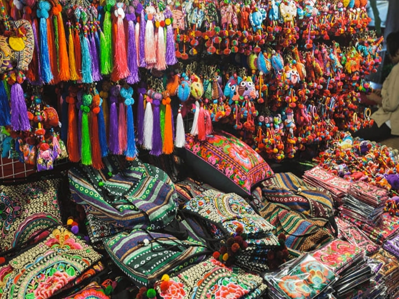 A close up of patterns on traditional textiles and woven products a unique find away from the modern amenities of Corona Casino Phu Quoc