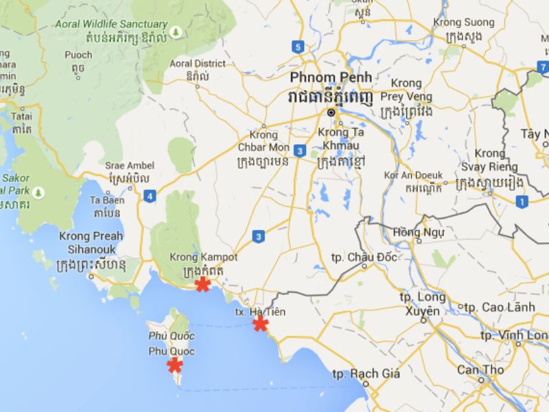 A digital map illustrating the various flight routes from Cambodian cities to the island for travelers visiting the luxury Corona Casino Phu Quoc resort