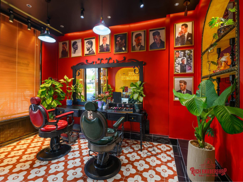 The modern interior of Rich barbershop - contemporary men's grooming which is within easy reach of the world-class Corona Casino Phu Quoc
