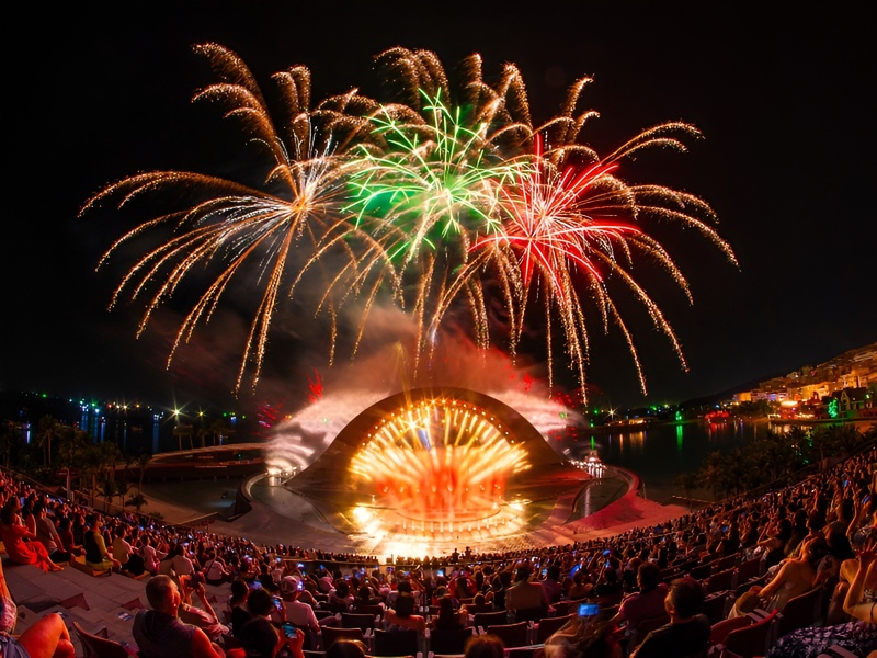 Khoảnh khắc pháo hoa rực rỡ kết hợp nhạc nước và ánh sáng tạo nên một khung cảnh ấn tượng lung linh bên cạnh Corona Casino Phú Quốc.