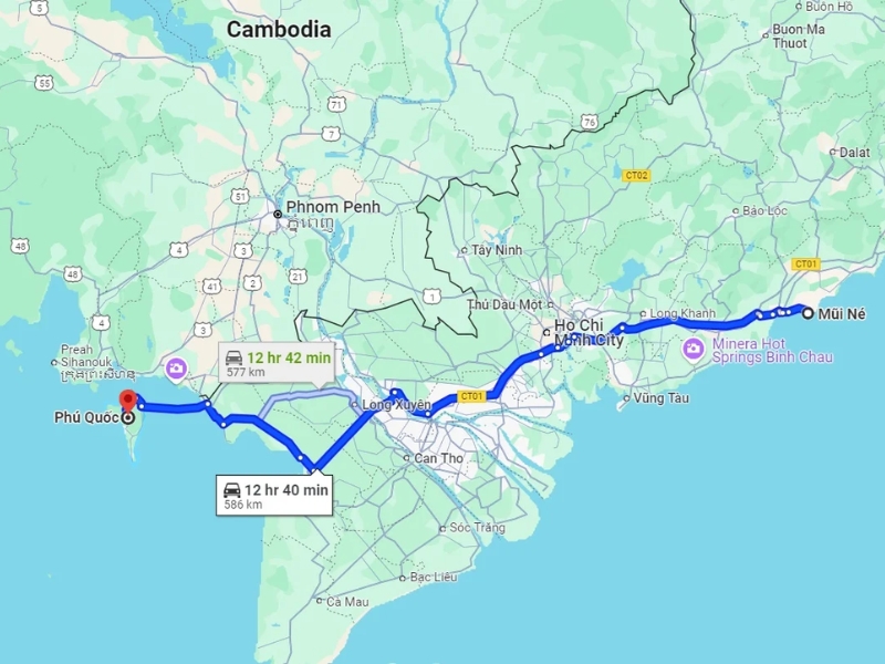 A detailed map showing the travel distance and estimated time needed to reach Phu Quoc from Mui Ne for guests of the luxury Corona Casino Phu Quoc