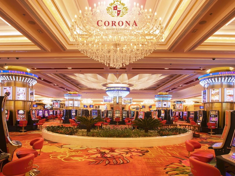 Grand gaming floor interior with chandelier of Corona Resort & Casino Phu Quoc