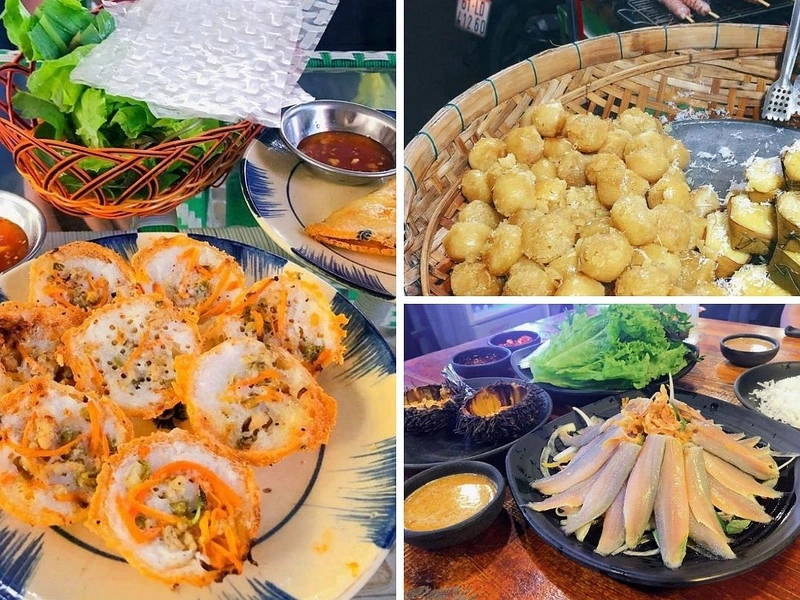 Collage displaying local specialties Banh Khot and herring salad on a private Phu Quoc food tour near Corona Resort & Casino Phu Quoc