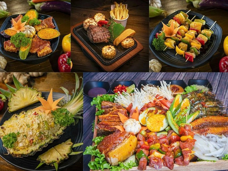 A diverse food collage showcasing different styles of steak in Phu Quoc and local comfort dishes near Corona Resort & Casino Phu Quoc